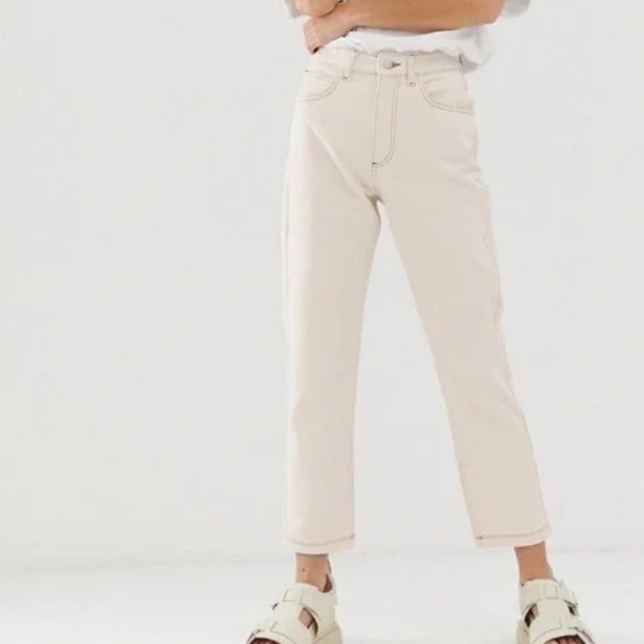 Reclaimed Vintage Ecru Cream Brown Stitching 90s Tapered Mom Fit Jeans 4 - Picture 2 of 13